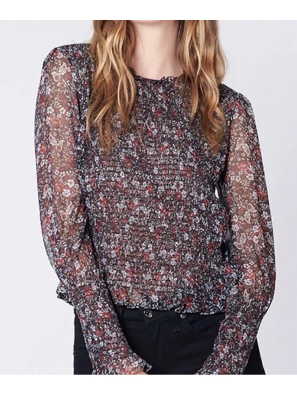 Veronica Beard Faire Smocked Top women’s Size 8 Black Floral Silk semi sheer